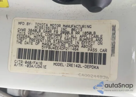 2013 Toyota Corolla L z USA, uszkodzony, nr VIN 5YFBU4EE4DP211464